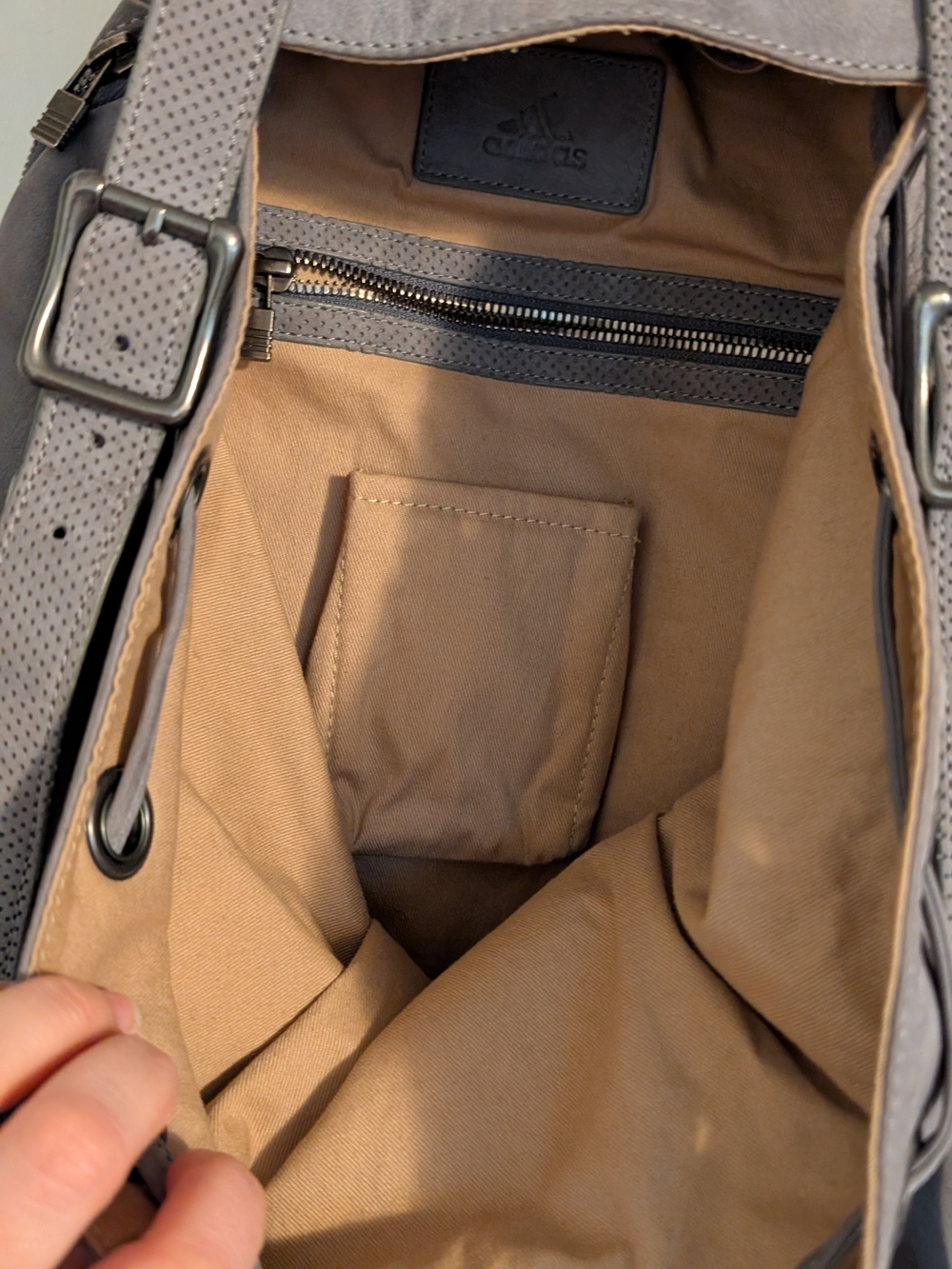 adidas Gray Suede-Style Drawstring Backpack with Buckle Straps - Picture 11 of 14